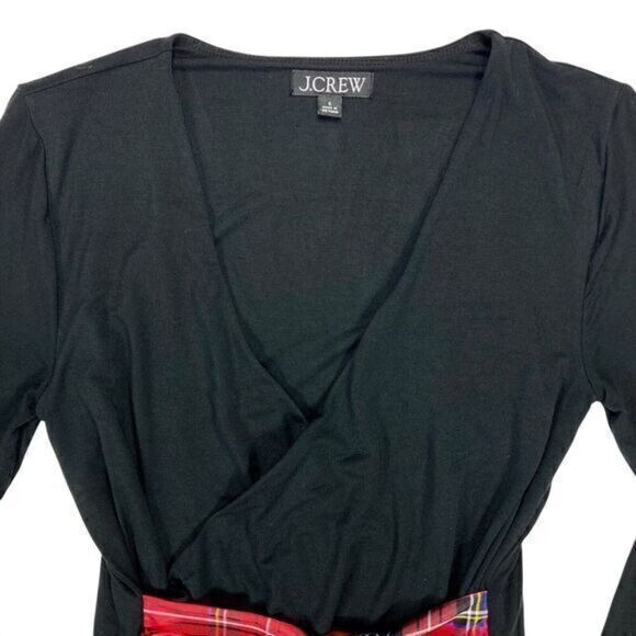 J. Crew Top Womens Size Small Black Long Sleeve Wrap Plaid Tie Holiday Pullover - Picture 3 of 16